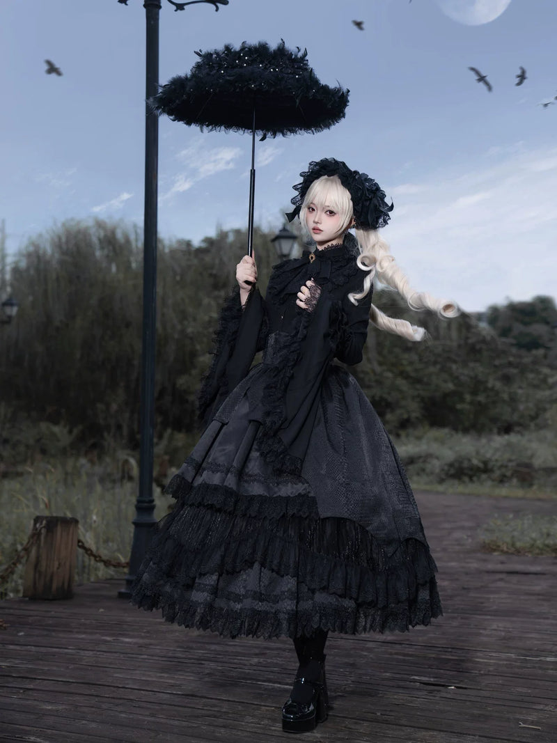 DMFS Lolita - Broken Winged Bat - Gothic Lolita Shirt & SK Set, Bat-wing Shaped Hem