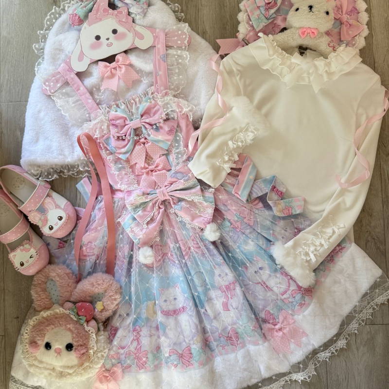 Lady Han Candy Mary Cat JSK dress by Lolita Fetch with a sweet, cute print featuring colorful candy and feline motifs.