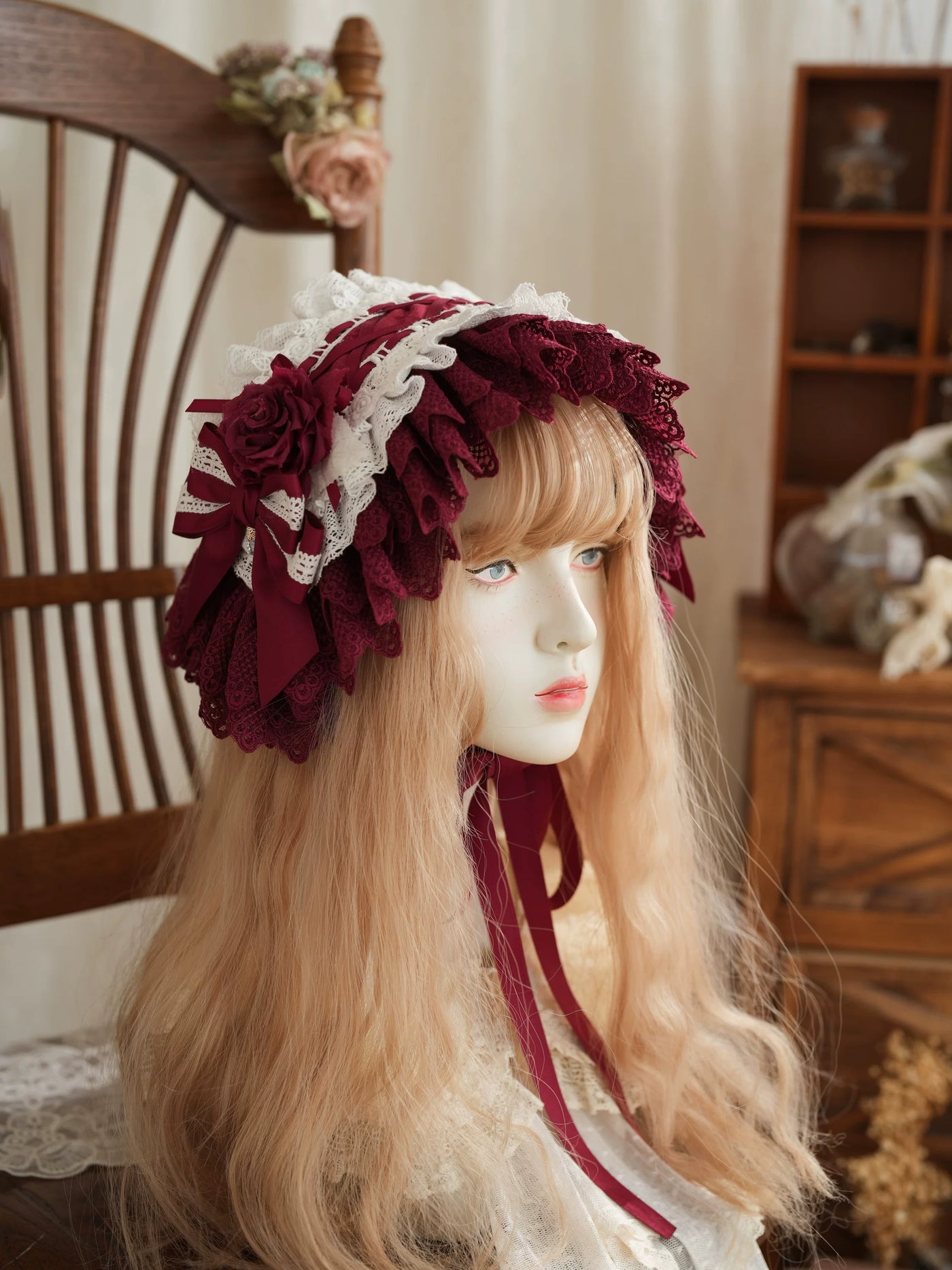 Star Box - Air Flora - Layered-Lace Bonnet with Long Ribbon Ties