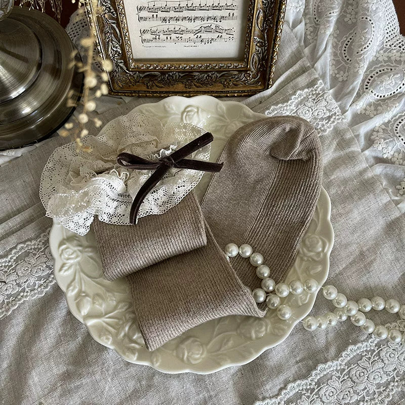 Sock Noble - Cream Lace Cake - Over-the-knee and mid-calf socks with layered lace bows