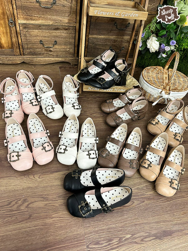 Sheep Puff Curly Sheep Lolita shoes with mid-low heels, featuring adorable sheep puff design and intricate detailing.