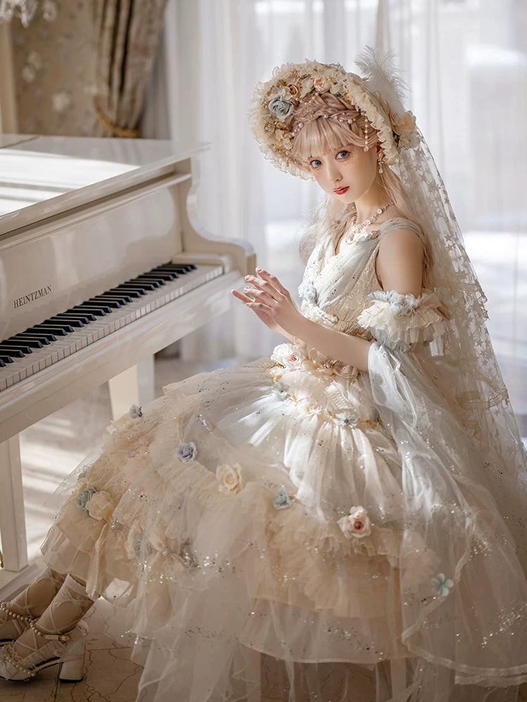 Close-up of floral appliqués and tiered skirt detailing