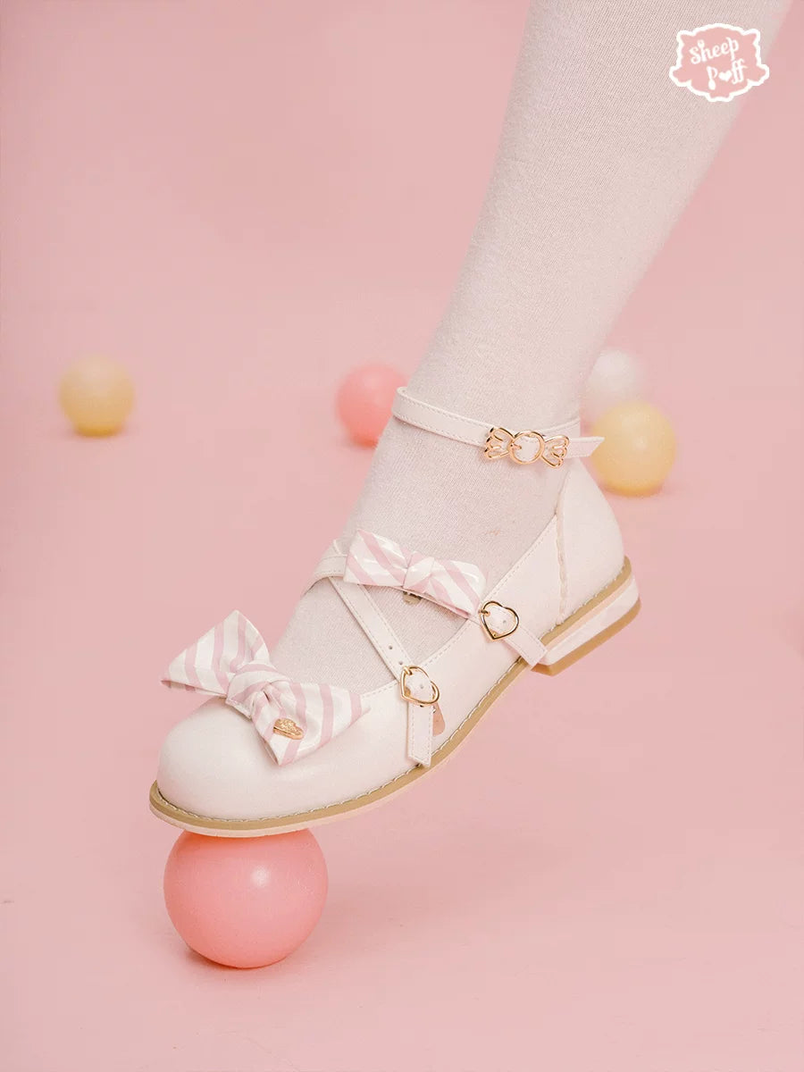 Sheep Puff Candy Tea 2.0 low heel Lolita shoes with pastel pink and white design, featuring cute puff accents and rounded toe.