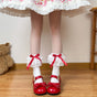 Three-layer bow red polka-dot mid-calf socks, one size