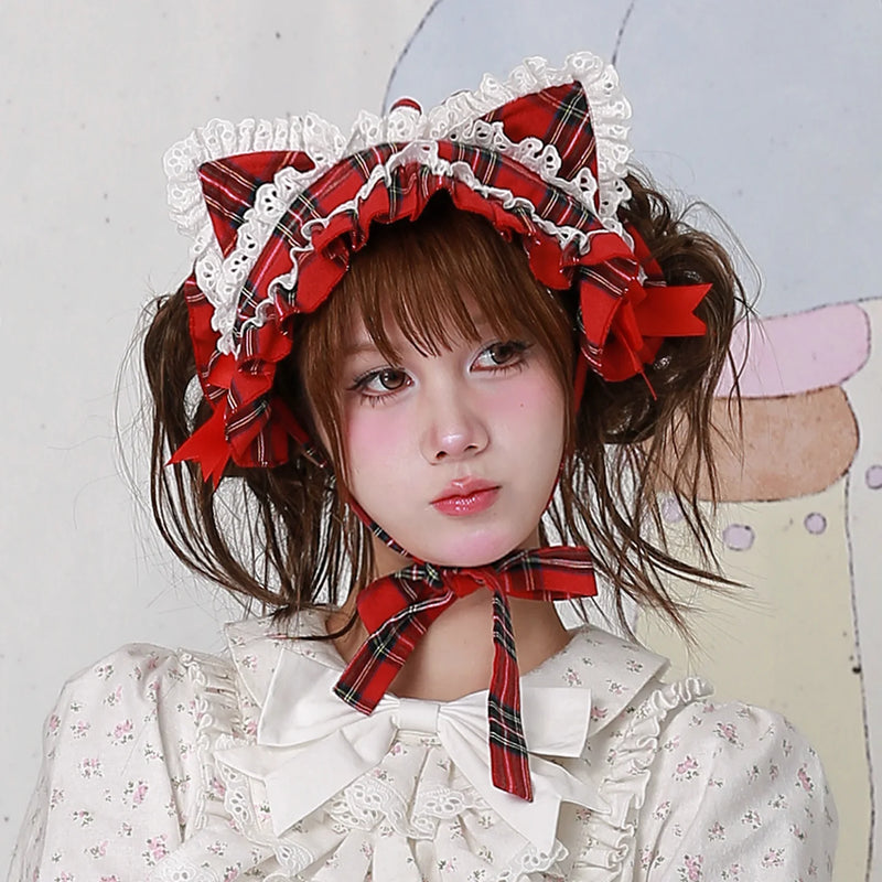 MEME Christmas Red Plaid Cat-Ear Headband — Red Plaid Cat-Ear Headdress