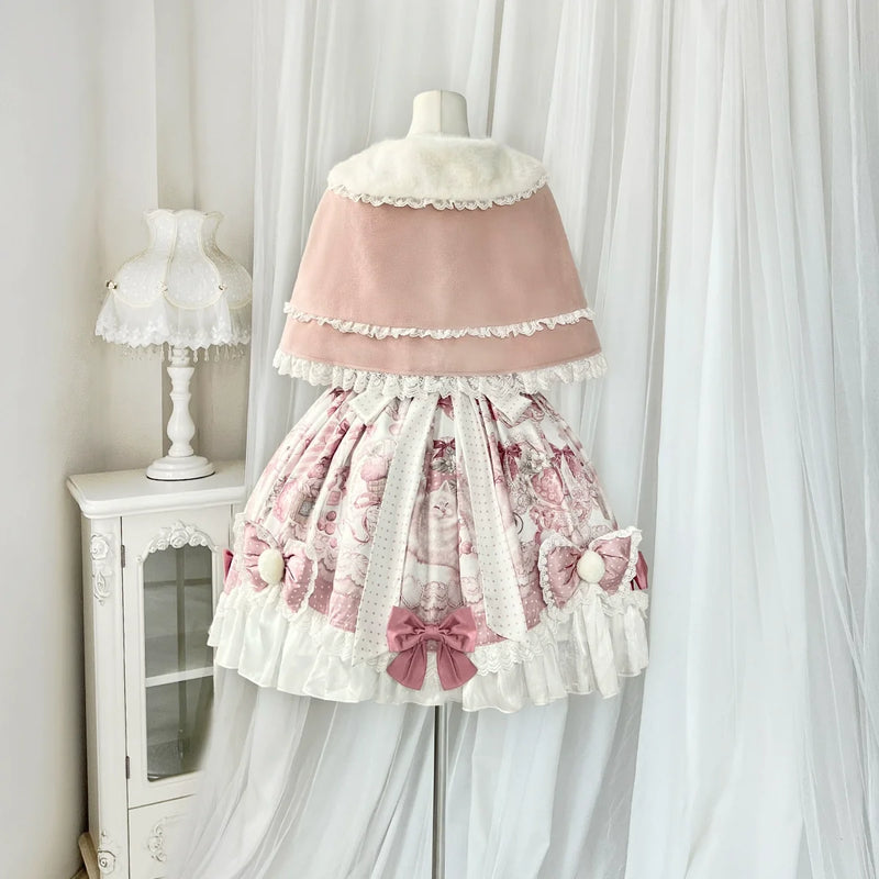Matutu - Dessert Catlets - Sweet Lolita JSK dress and faux-fur collar cape set with cat and strawberry prints - product detail 6