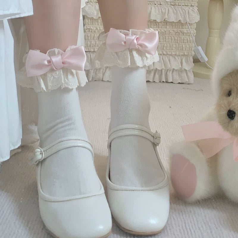 roji roji - Bow Lace - Lolita Short Socks with Lace Cuffs