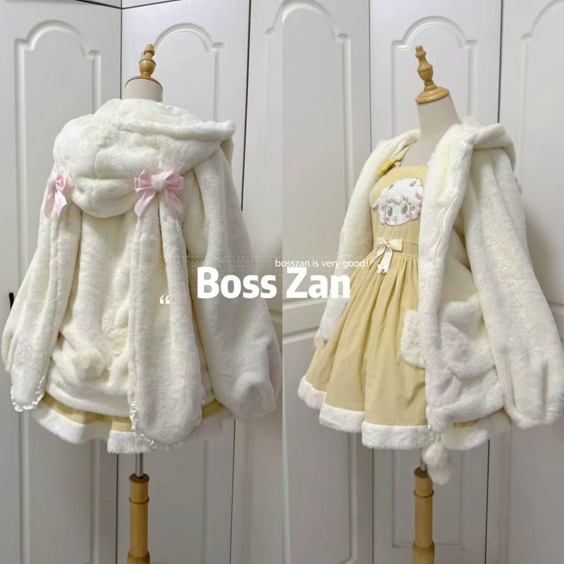 BossZan Hopping Bunny Lolita Coat & Shorts Separates — Light Ivory - Long Coat, Ready-Stock Option