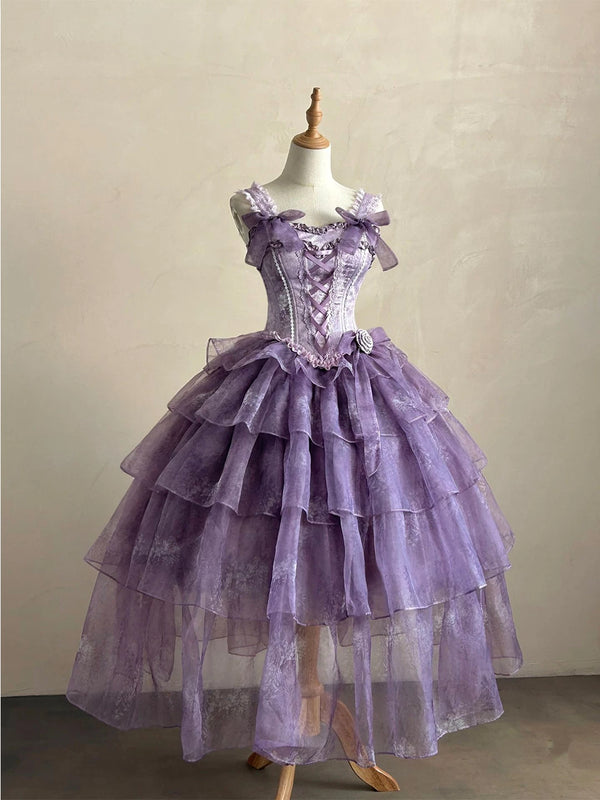 Front view of purple long length wisteria bridal sweet lolita dress