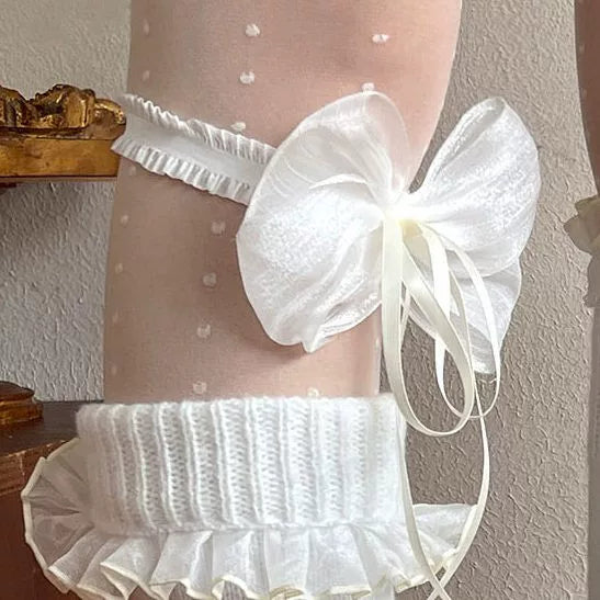 Sock Noble - Cream Ruffle Layers - Dotted Tights, Sock Cover and Bow Leg Ring Options with Ruffled Lace Details