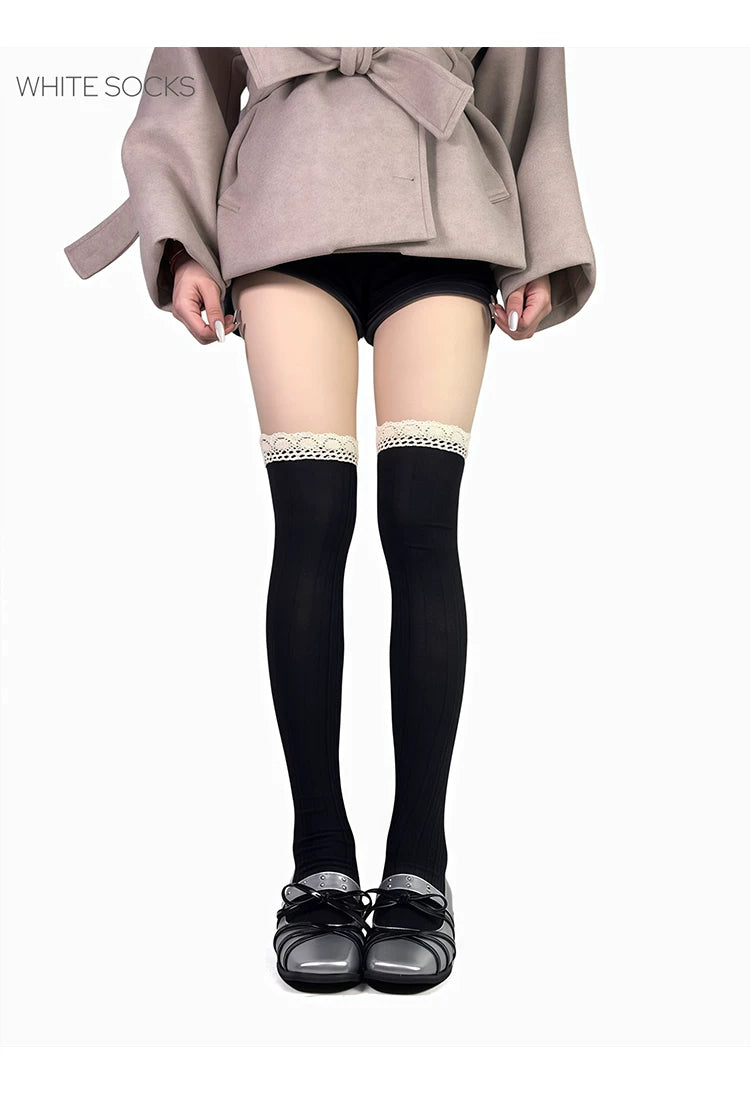 White Socks - Retro Lace Contrast - Over-the-Knee Socks with Lace Edging