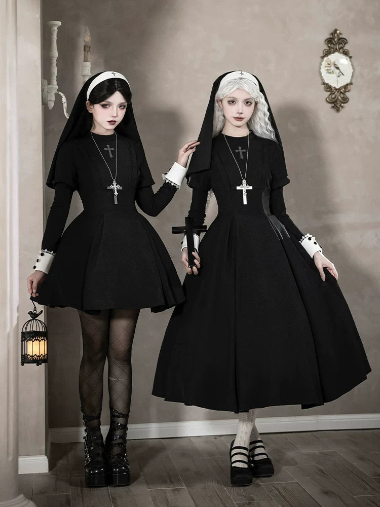 With PUJI - Nihil - Gothic Nun Lolita OP Dress, Irregular Hem Cape
