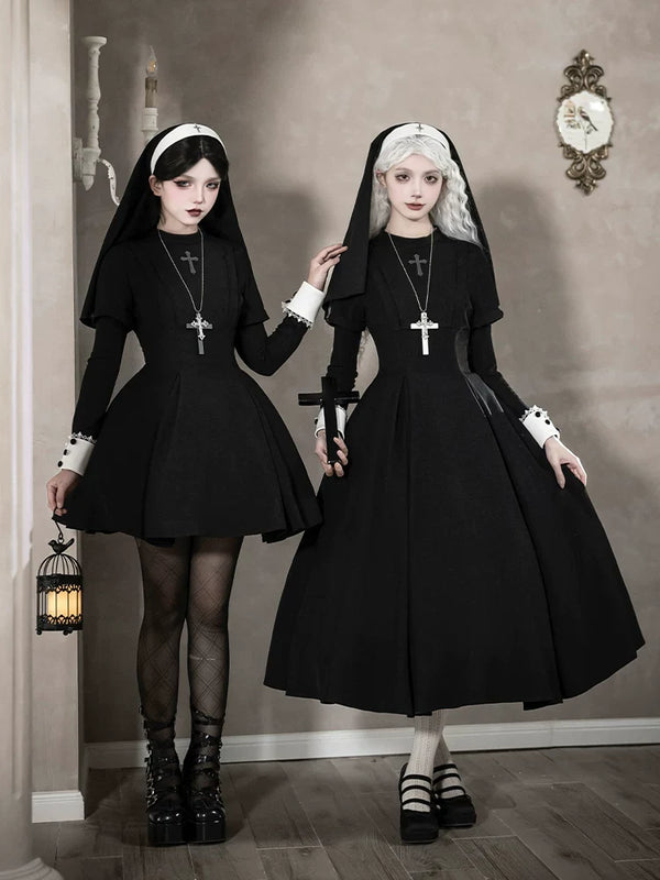 With PUJI - Nihil - Gothic Nun Lolita OP Dress, Irregular Hem Cape