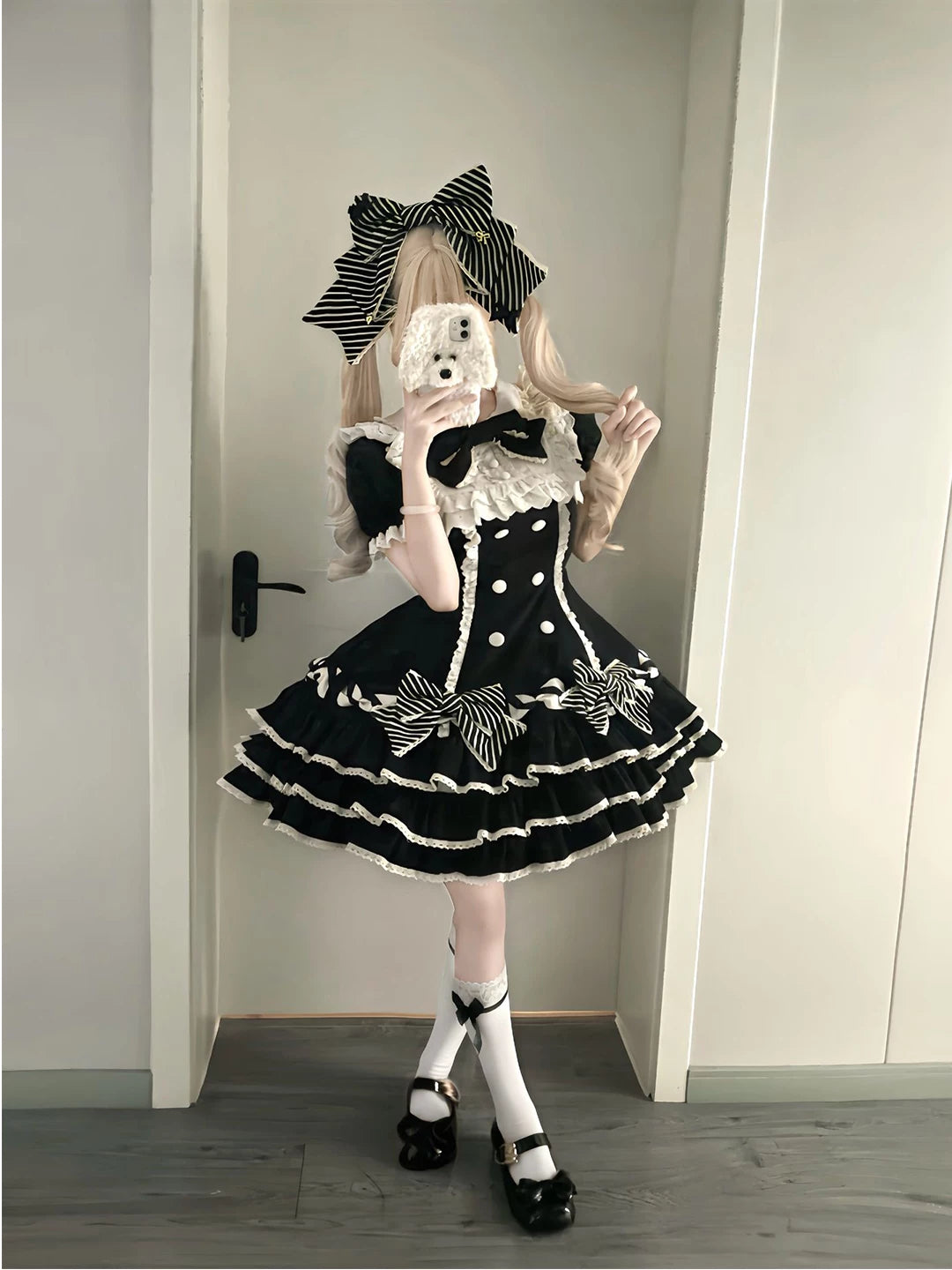 Creamy - Black Stripe - Tiered Lolita Dress with Bow Headwear