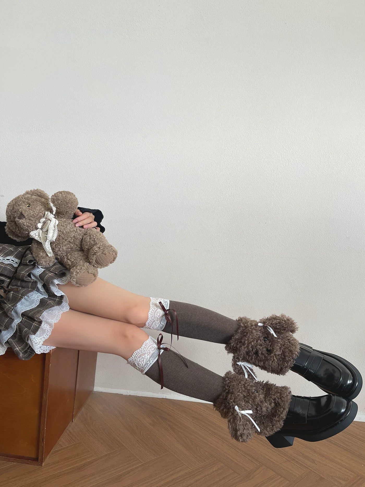 Sock Noble - Mocha Lace-Tie Layers - Brown Socks with White Lace Cuffs