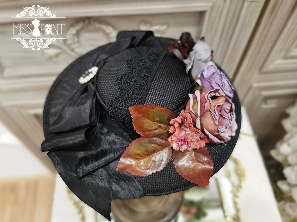 Woody Rose - Elegant Flower Lolita Hat Black Small Hat (Replace brown leaves with green)