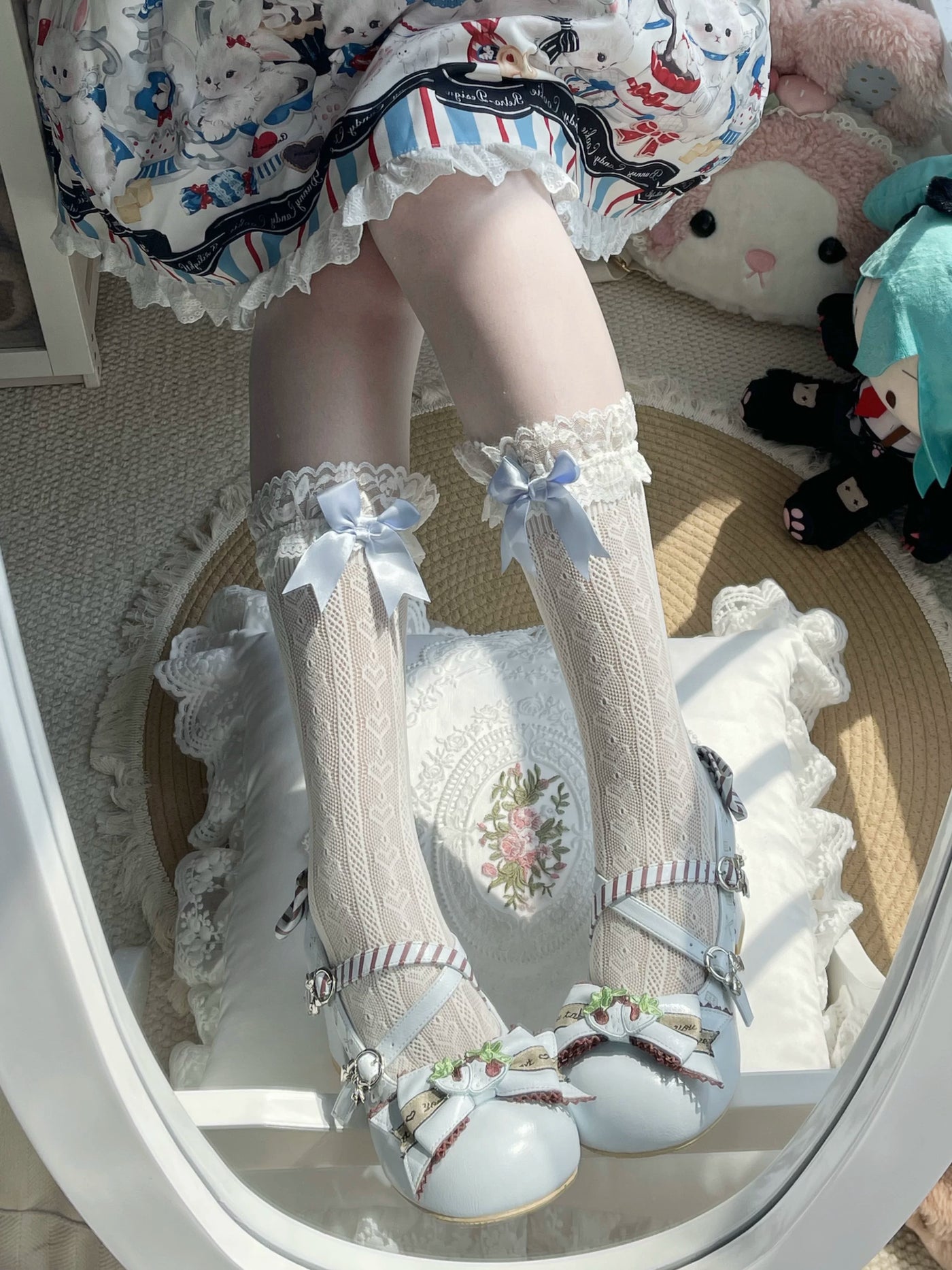 Milk white Lolita calf sock with blue satin bow and scalloped lace trim