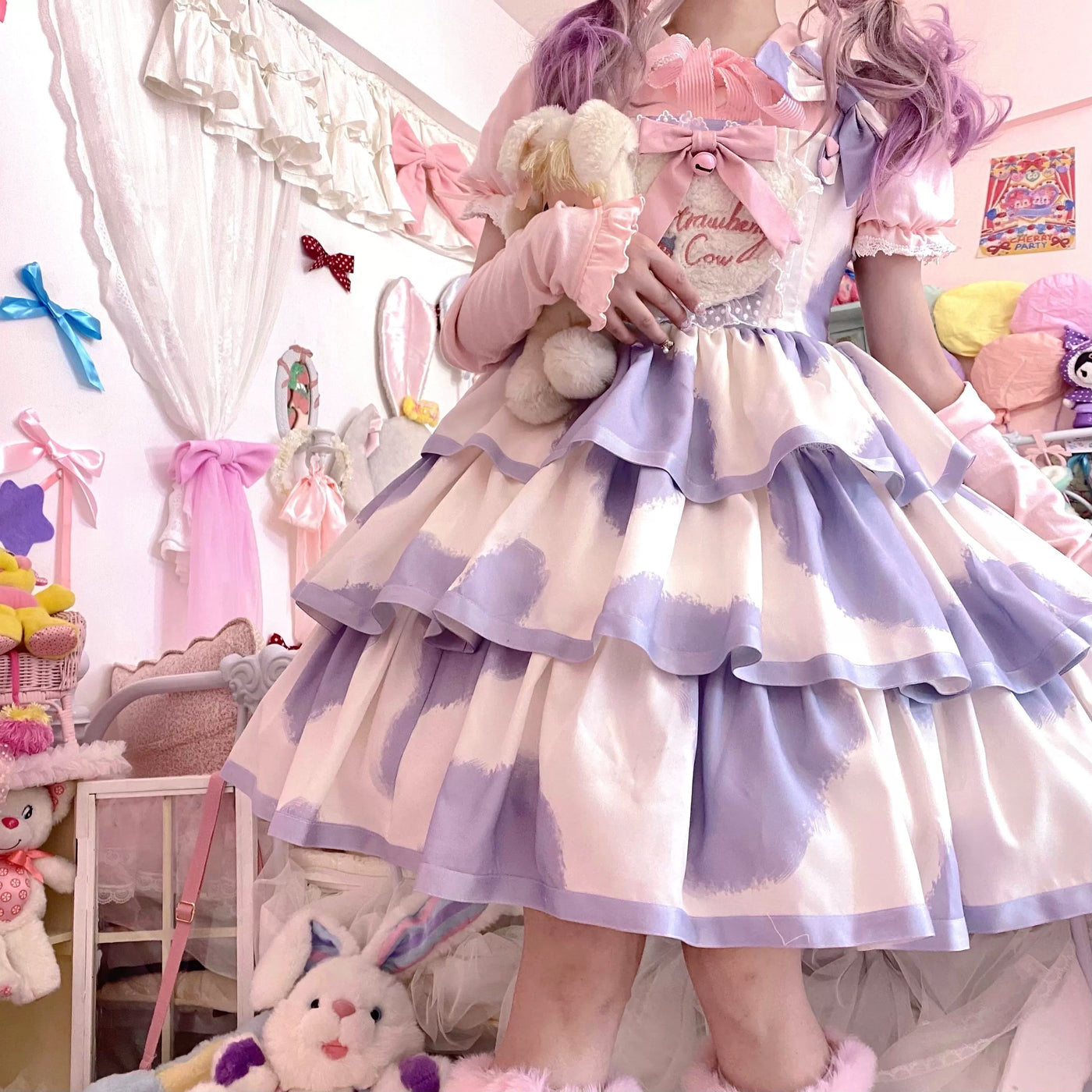 Tata Long Ear - Milk Cake Cow Print - Cow-Print JSK Dress with Three-Section Skirt
