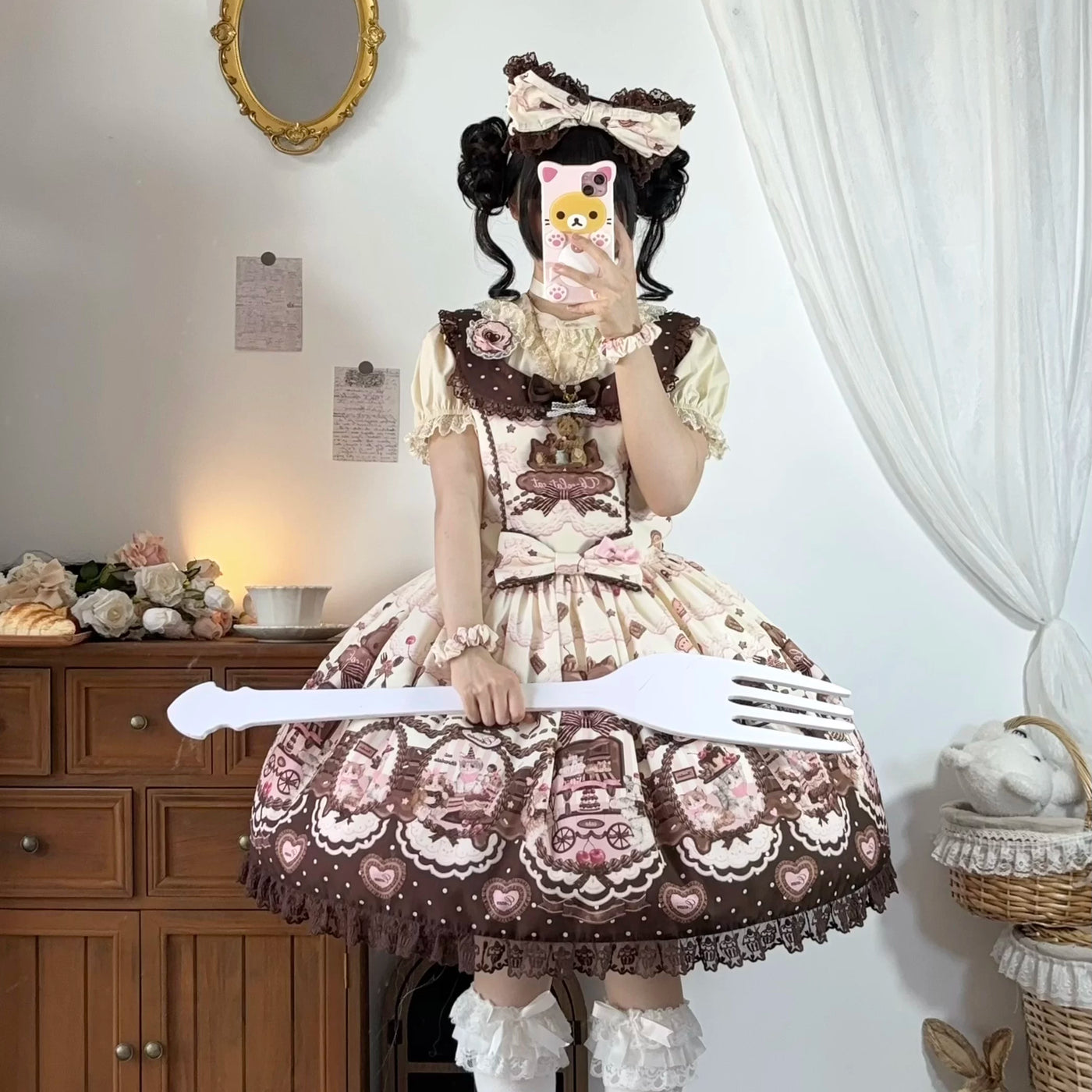 DayRabbit - Chocolate Cat - Beige JSK with Cat Print