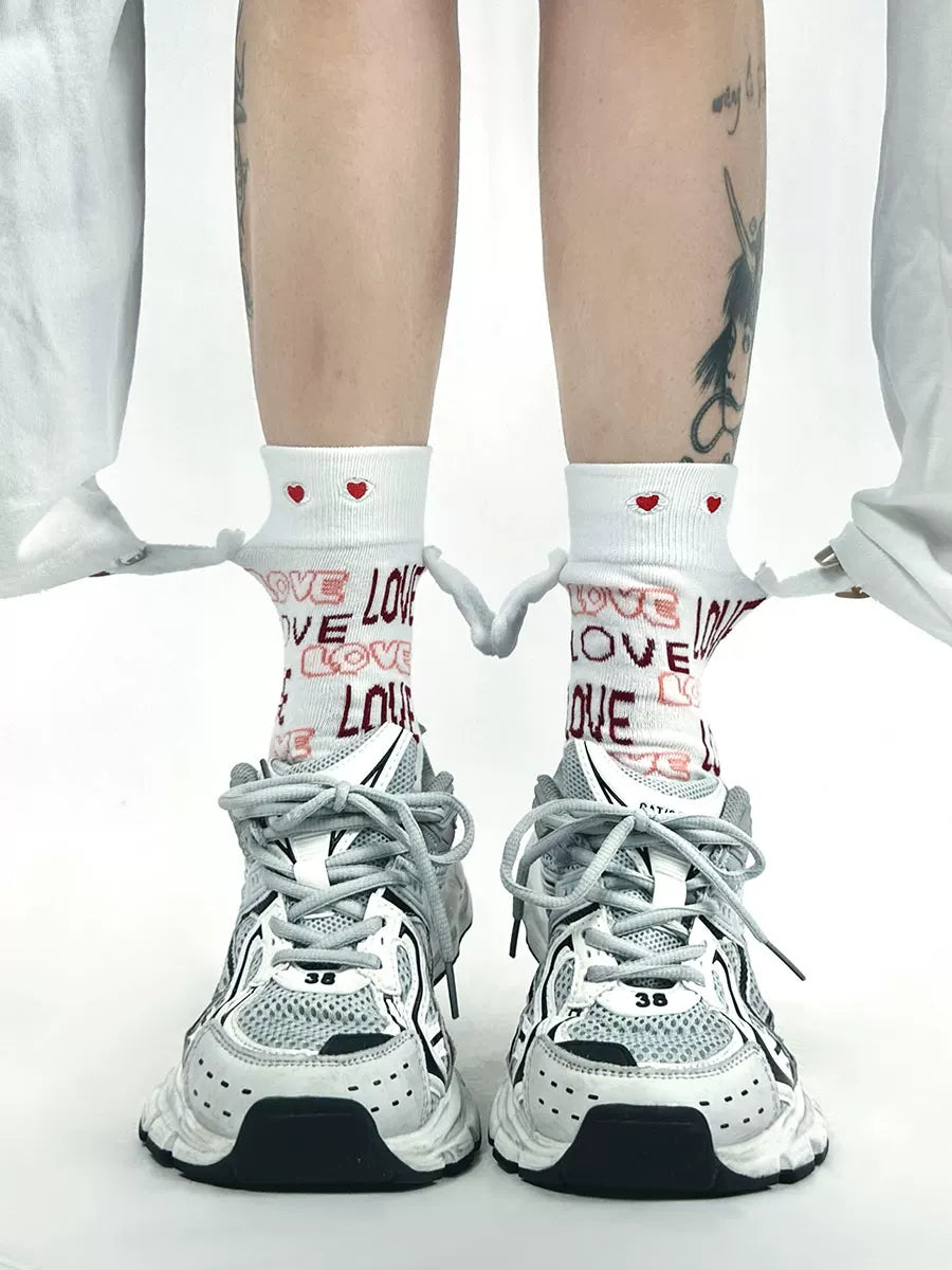 White Socks - Love Letter - Mid-Calf Socks with Red Heart Motifs