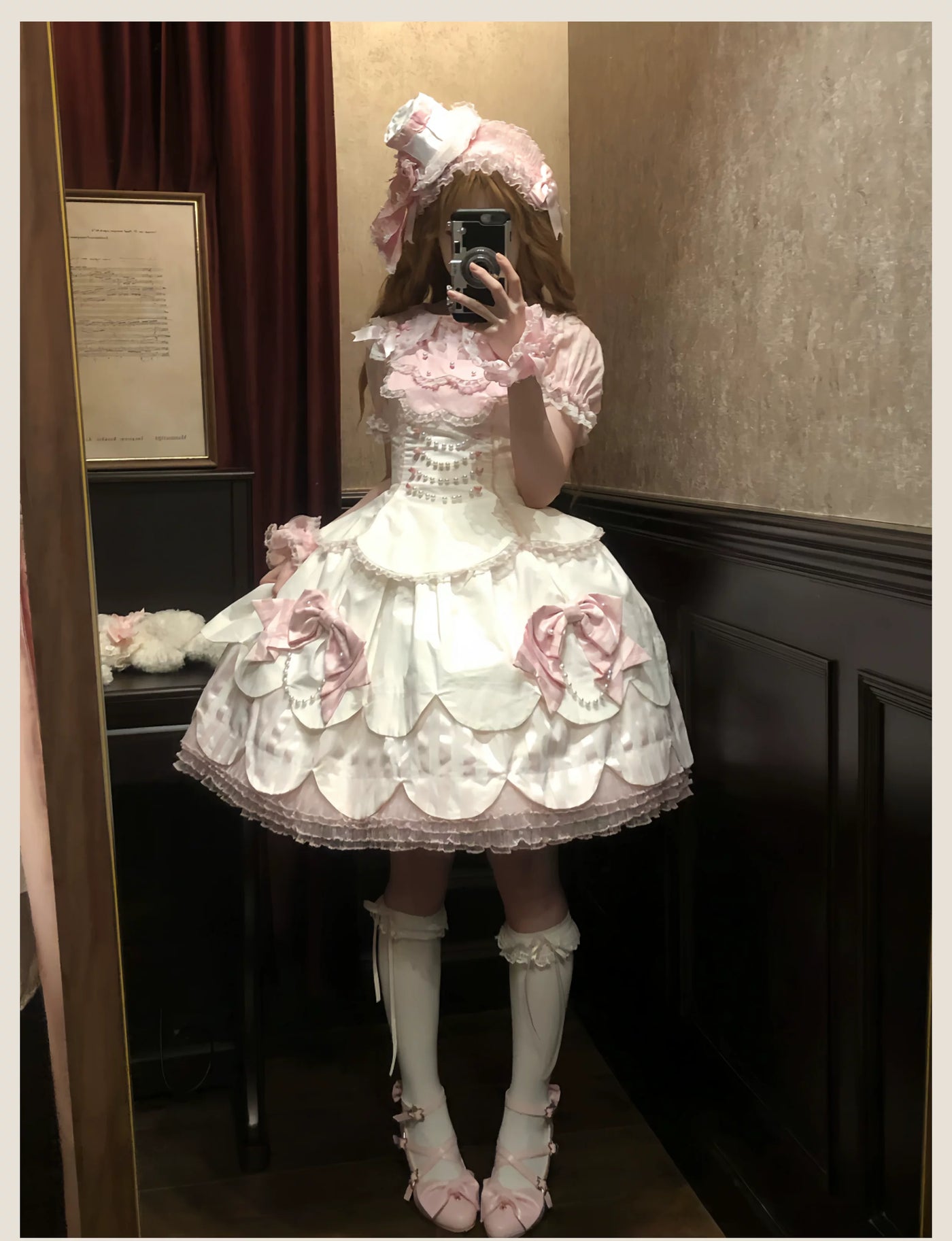 Tata Long Ear - Pearl Princess - White-and-Pink JSK Dress with Pearl Details and Scalloped Layers