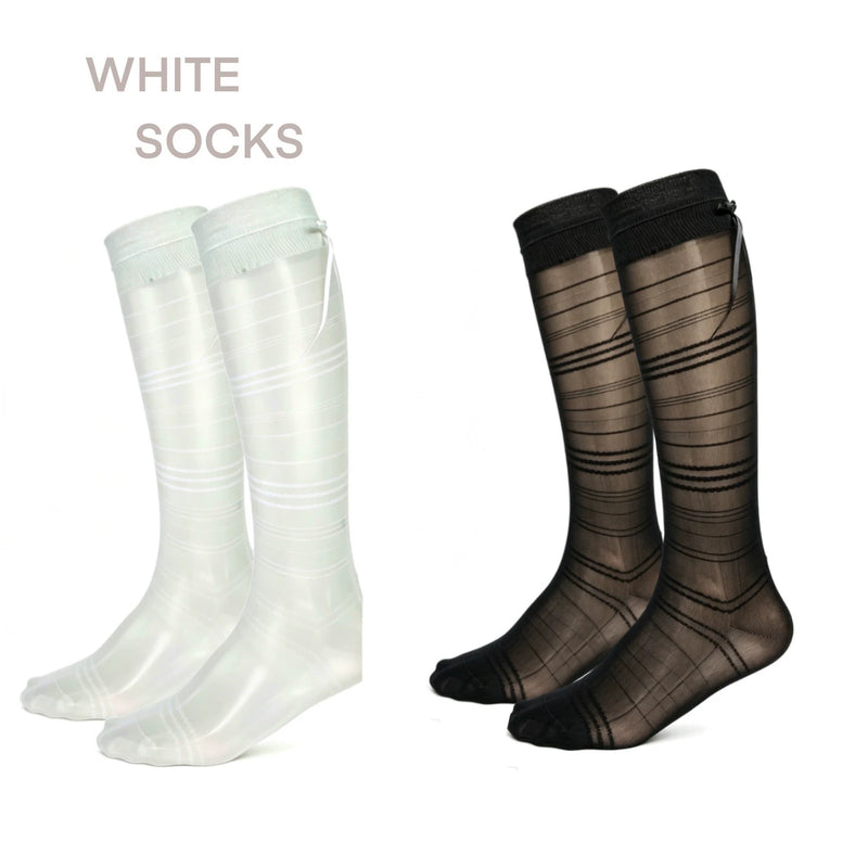 White Socks - Spring-Summer Stripe - Mid-Calf Mesh Socks with Horizontal Stripe Bands