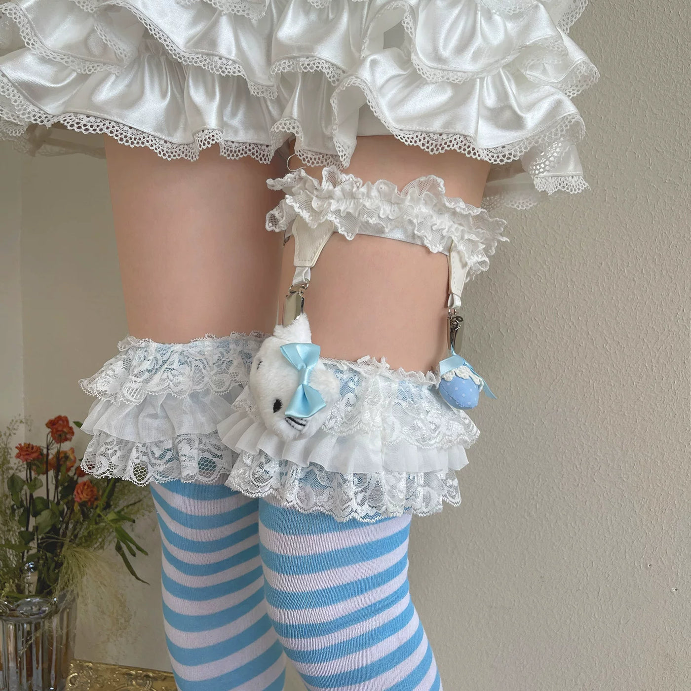 Sock Noble - Blue-White Stripe Lace - Blue-and-White Over-the-Knee Socks with Lace Edge