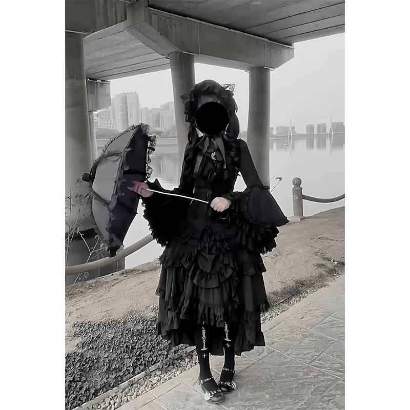 Creamy - Gothic Ruffle Set - Black Princess-Sleeve Blouse and Skirt Set with Layered Ruffles