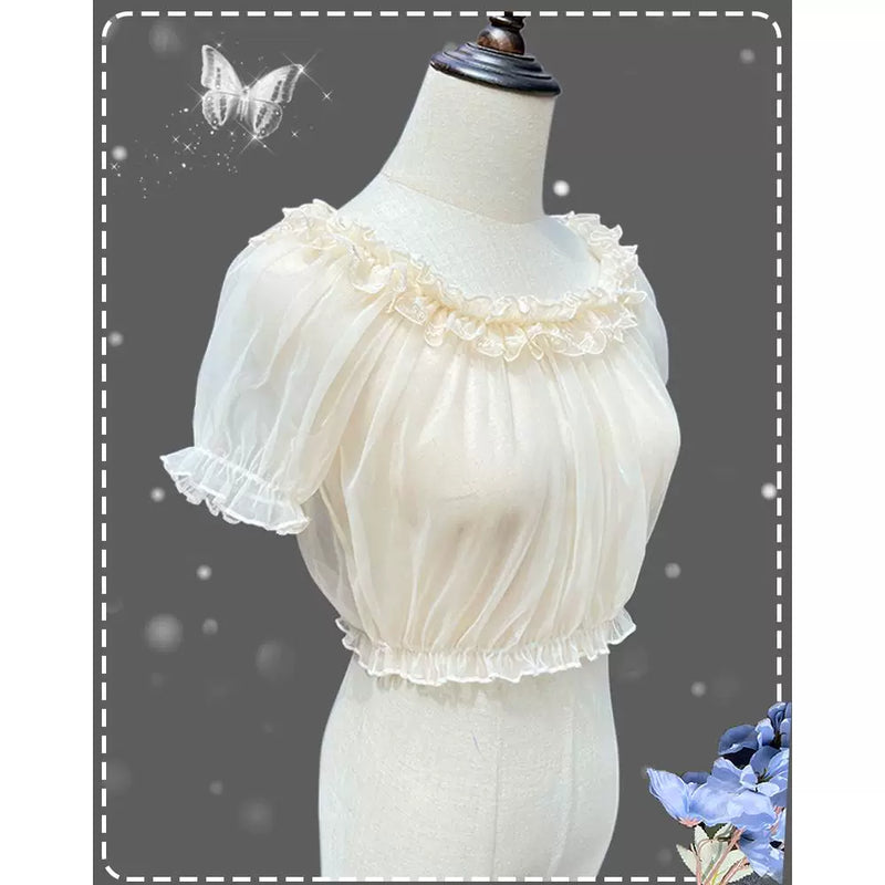 Zhijinyuan Sheer Mesh Off Shoulder Blouse — Apricot sheer mesh short sleeve blouse