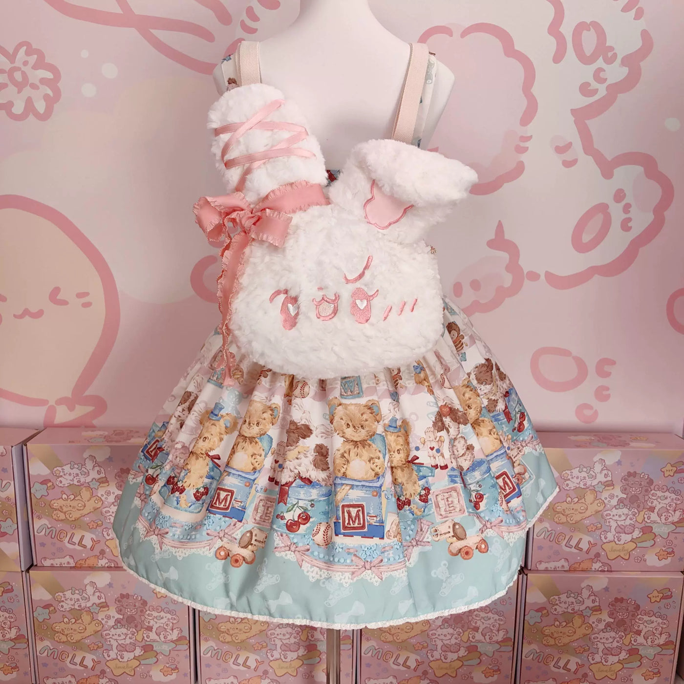 Molly Puppy - Molly 2.0 - Plush bunny backpack with a pink ribbon accent