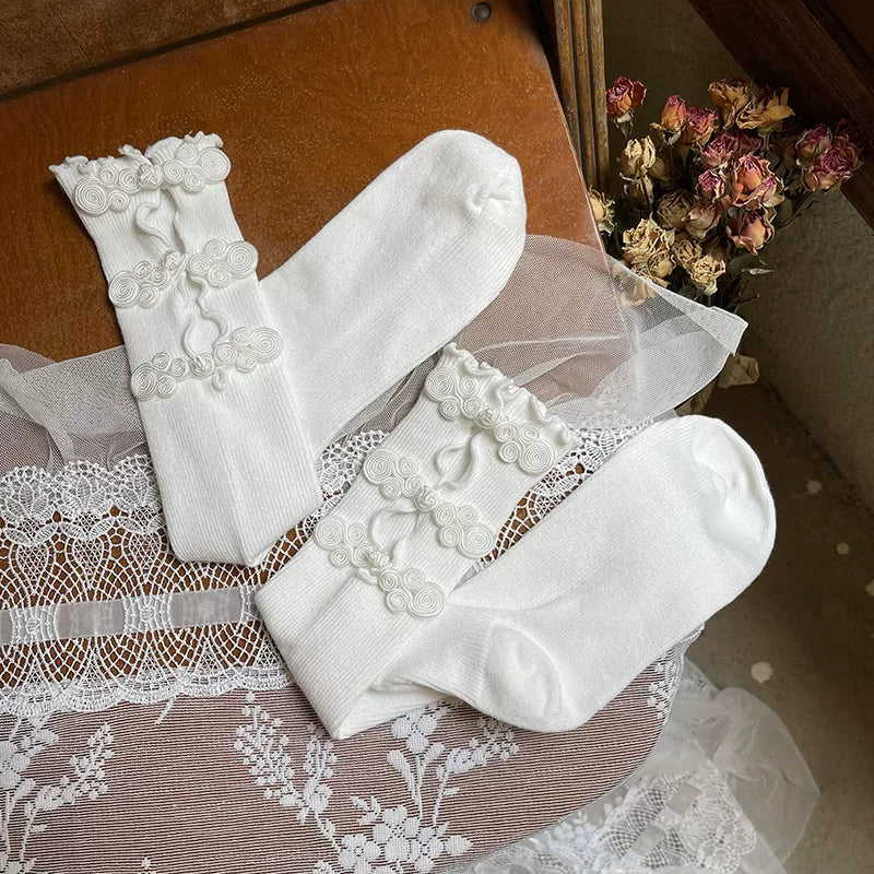 Sock Noble - Y2K Chinese - Openwork Mid-Calf Slouch Socks with Frog-Button Details