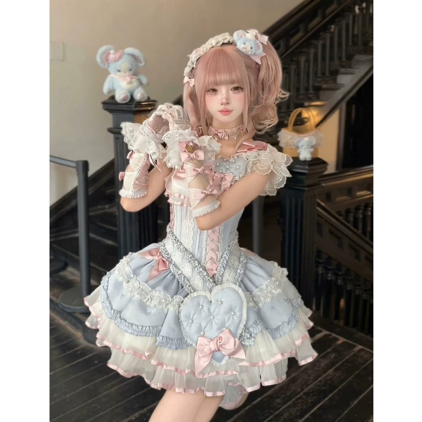 Creamy - Blue Ribbon Heart - Blue JSK Dress with Matching Sash and Large Heart Detail