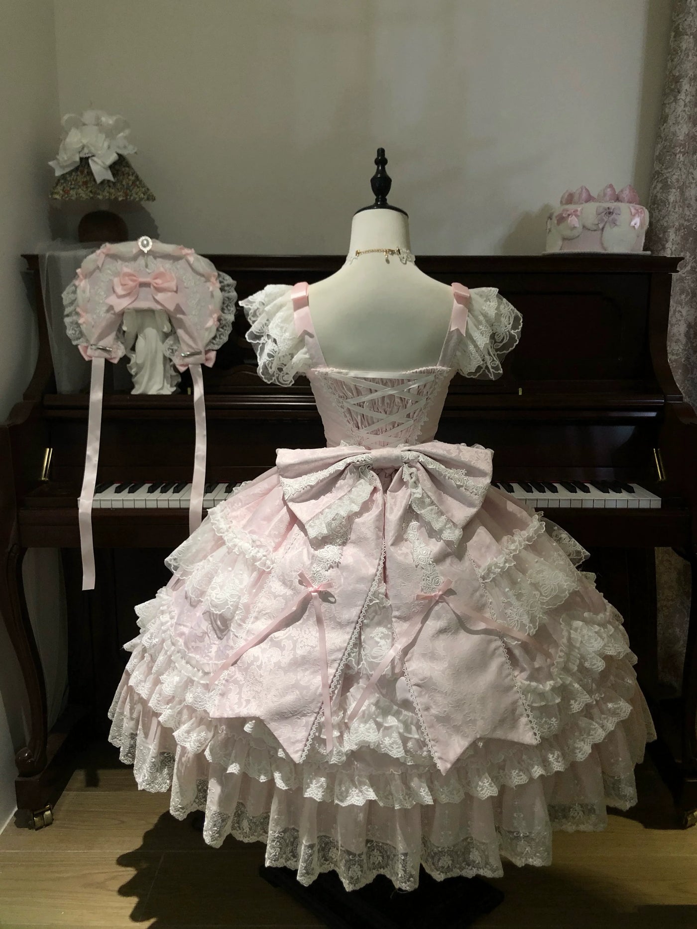 Eternal Floral Whisper - Sweet Lolita Tiered JSK Dress with Lace Pink JSK + Pink Back Bow Trailing S
