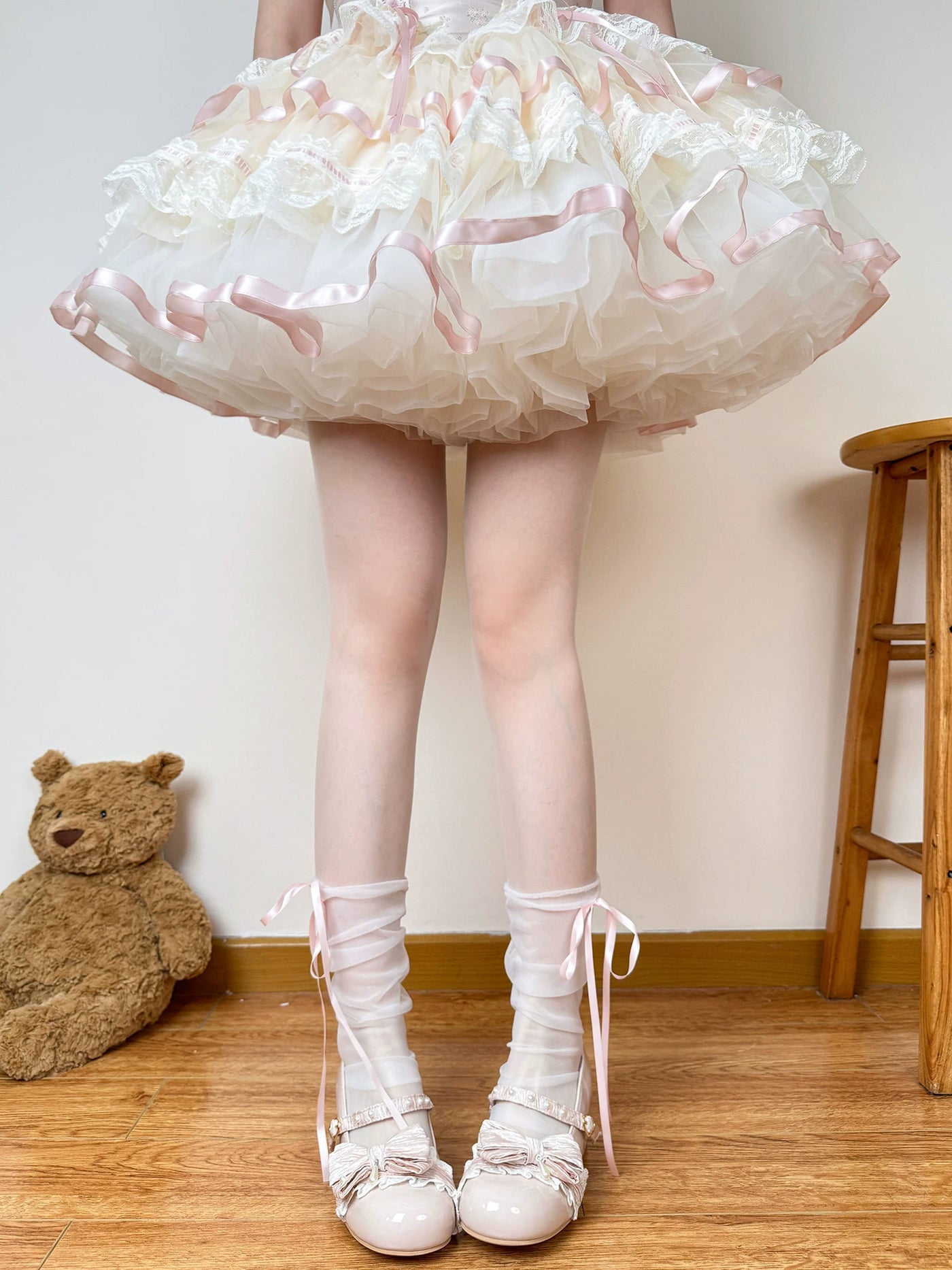 Chubby Bear Tales - Ballet Ribbon - Sheer Mid-Calf Socks with Long Ribbon Ties