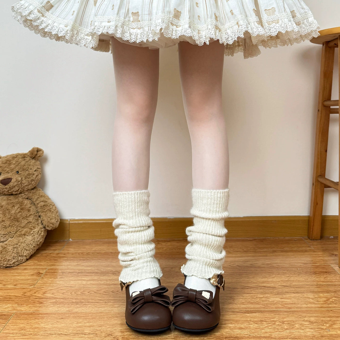 Cream and beige knitted scrunched leg warmers styled with Lolita skirts and brown Mary Janes