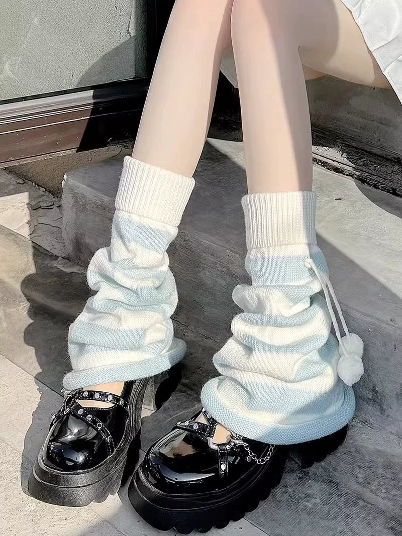 Floral Milk Cat white-blue striped knit leg warmers with pom-pom ties