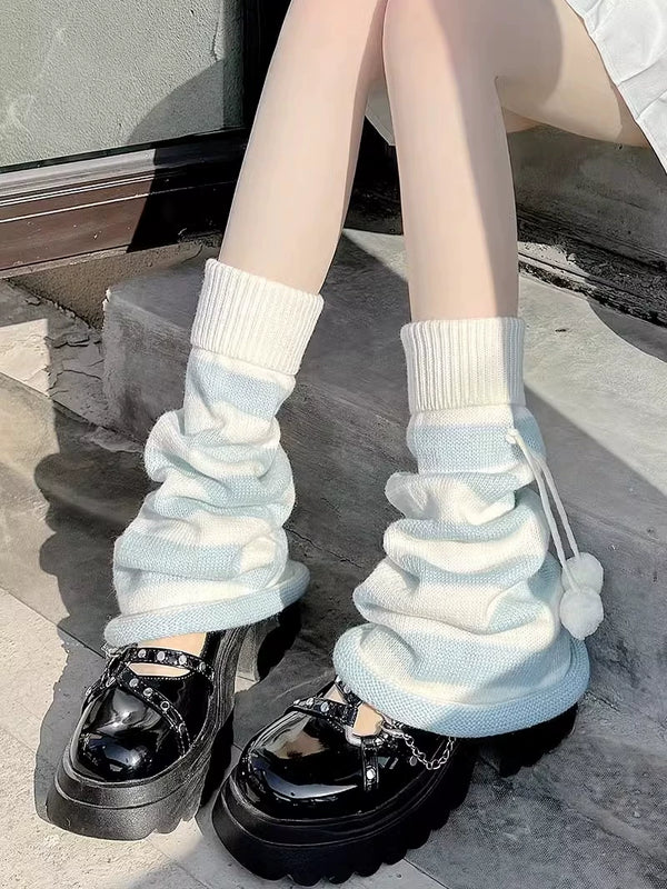 Floral Milk Cat white-blue striped knit leg warmers with pom-pom ties