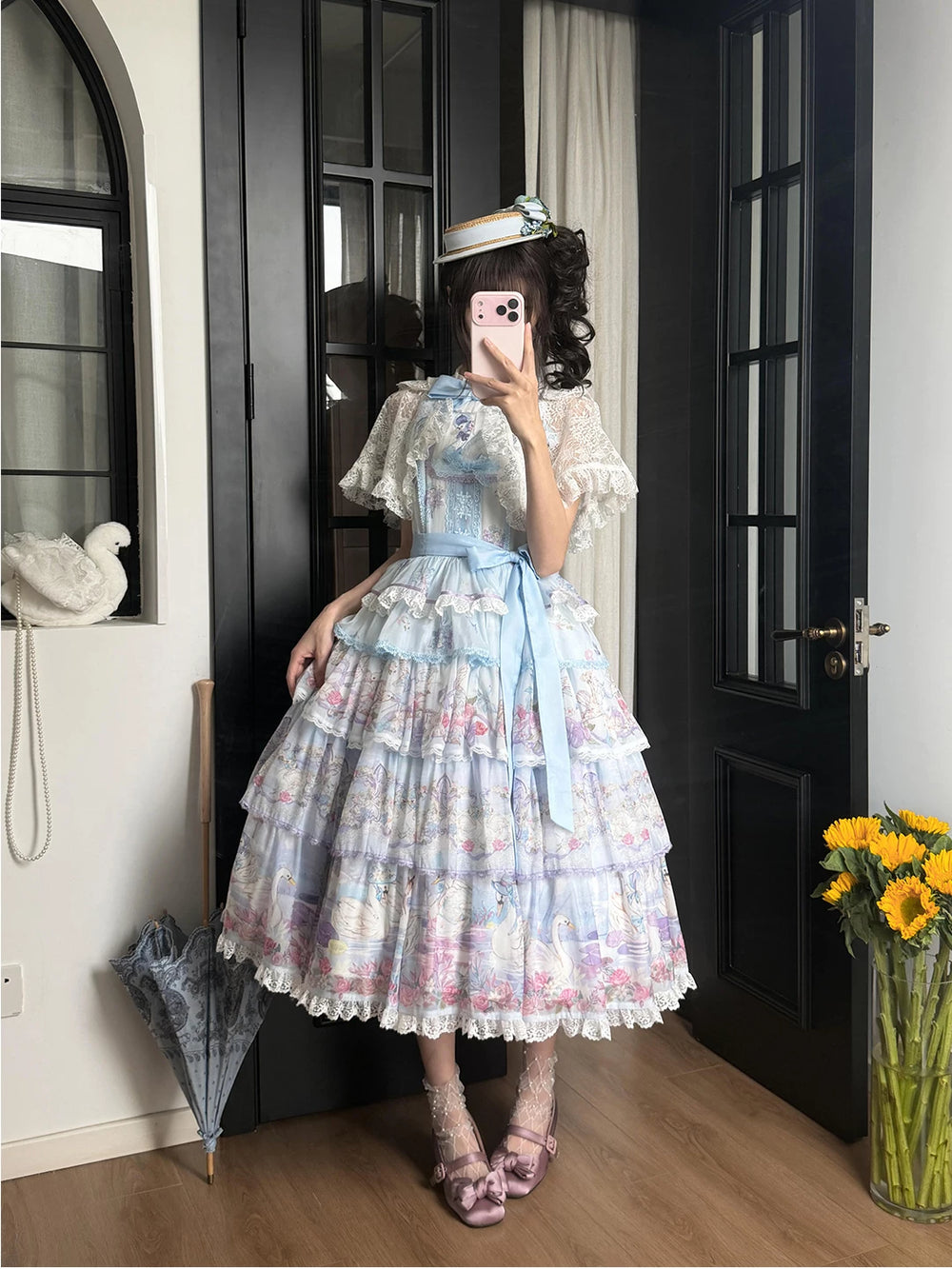 Creamy blue swan print JSK set with shawl and headscarf