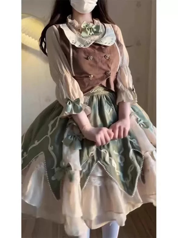 Creamy - Green Garden Three-Piece - Vest, Shirt and Short Skirt Set with Bow Accents