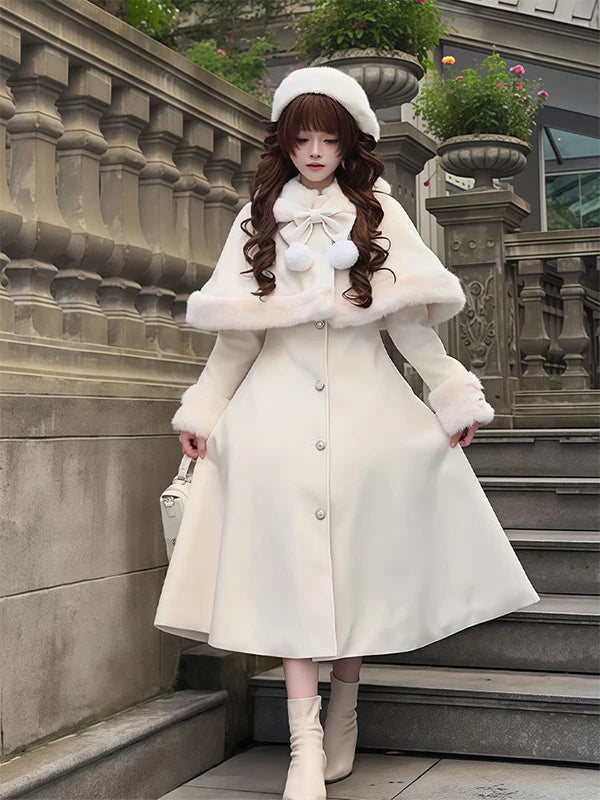 Creamy white long Lolita coat with bow cape and flared hem