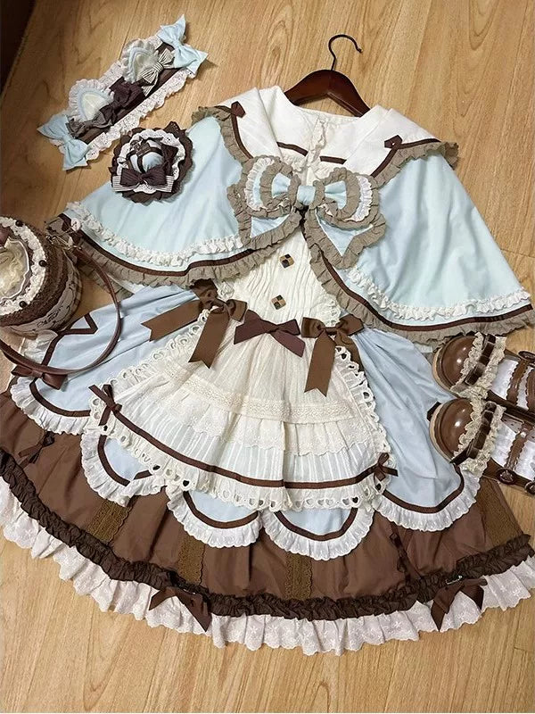 Creamy mint JSK set with cape, inner layer and chocolate-brown bows