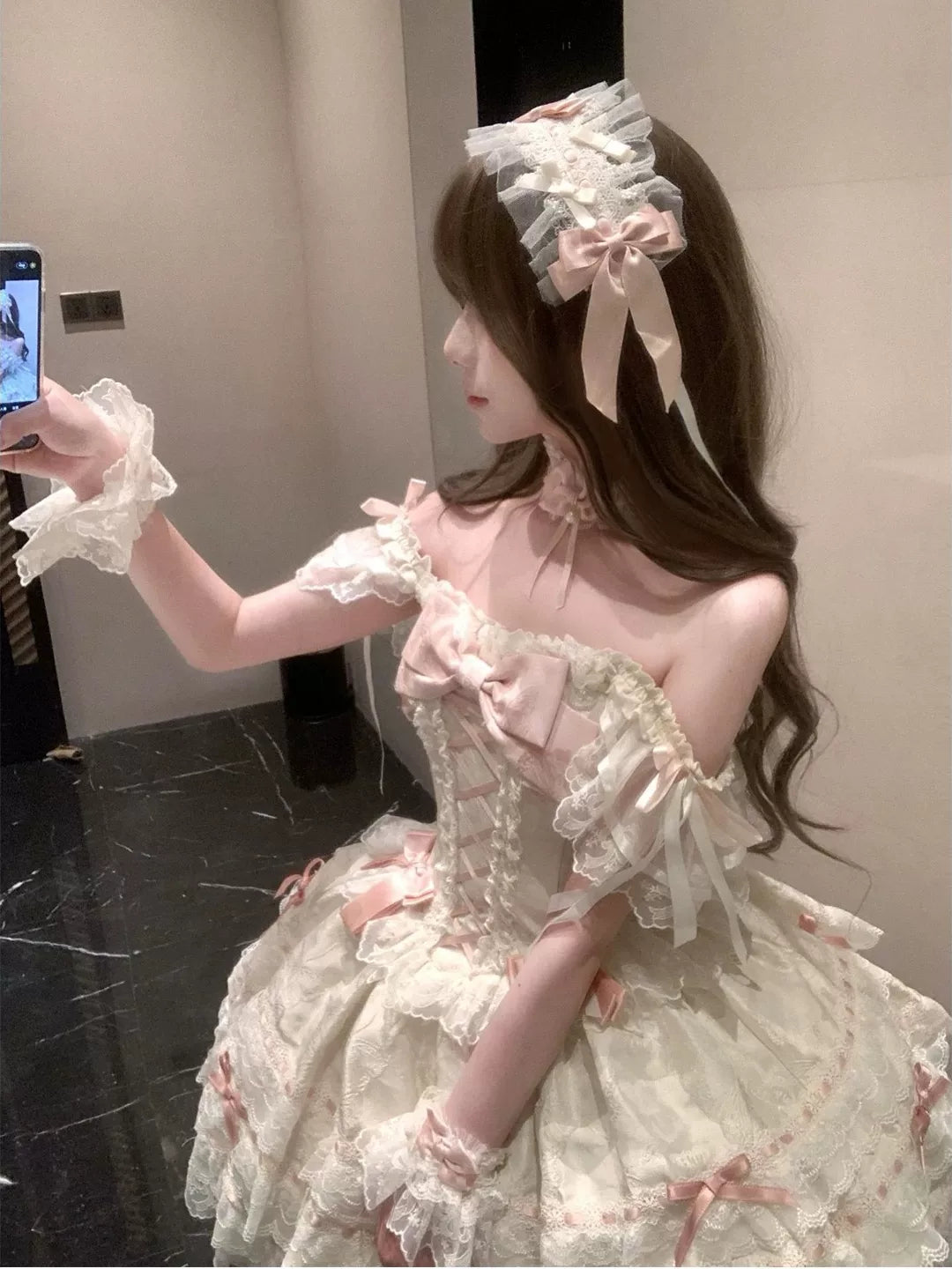 Creamy - Flower Bride - Apricot JSK dress with layered lace ruffles and bows