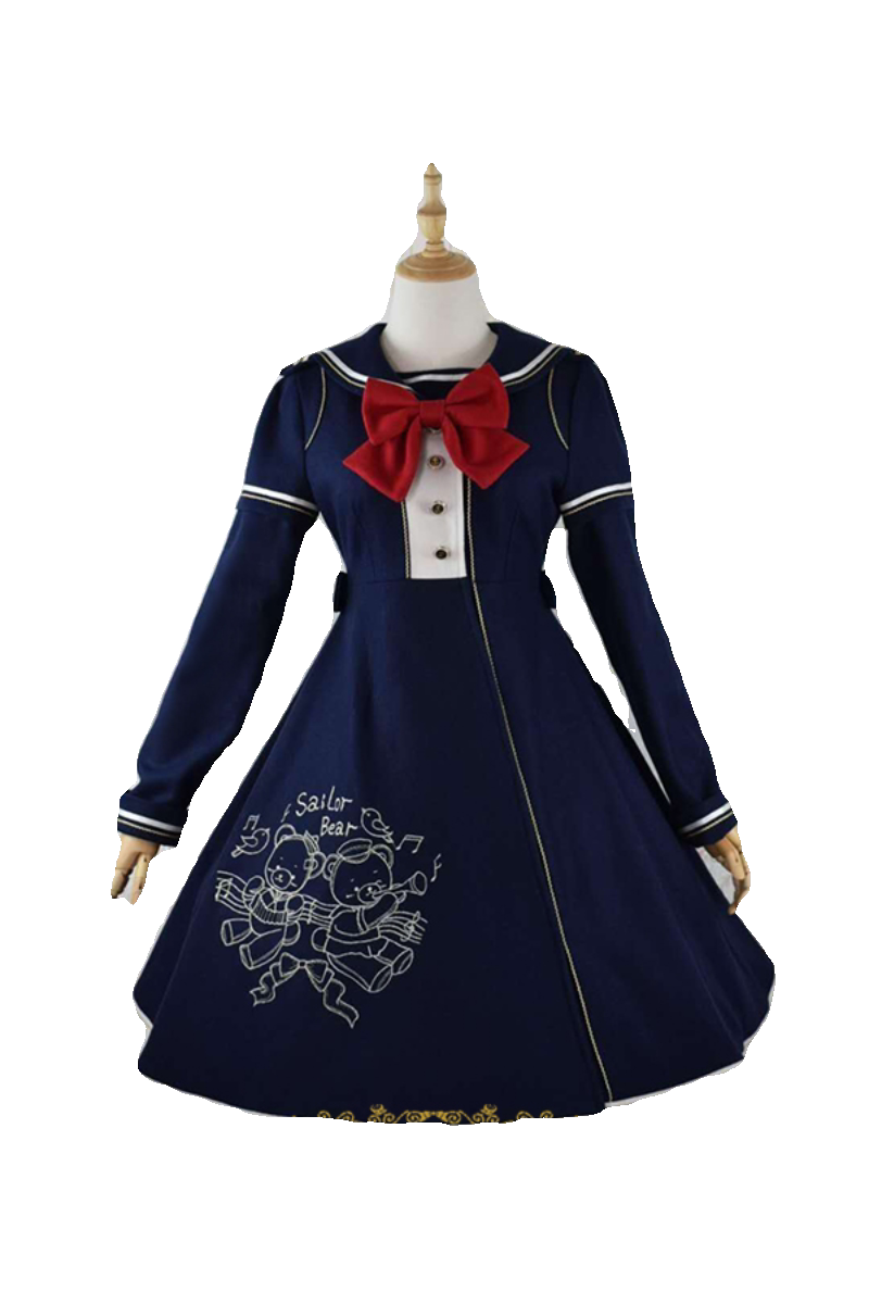 Strawberry Witch Bear Embroidery Lolita Winter Coat - Navy bear coat with red bow mannequin view