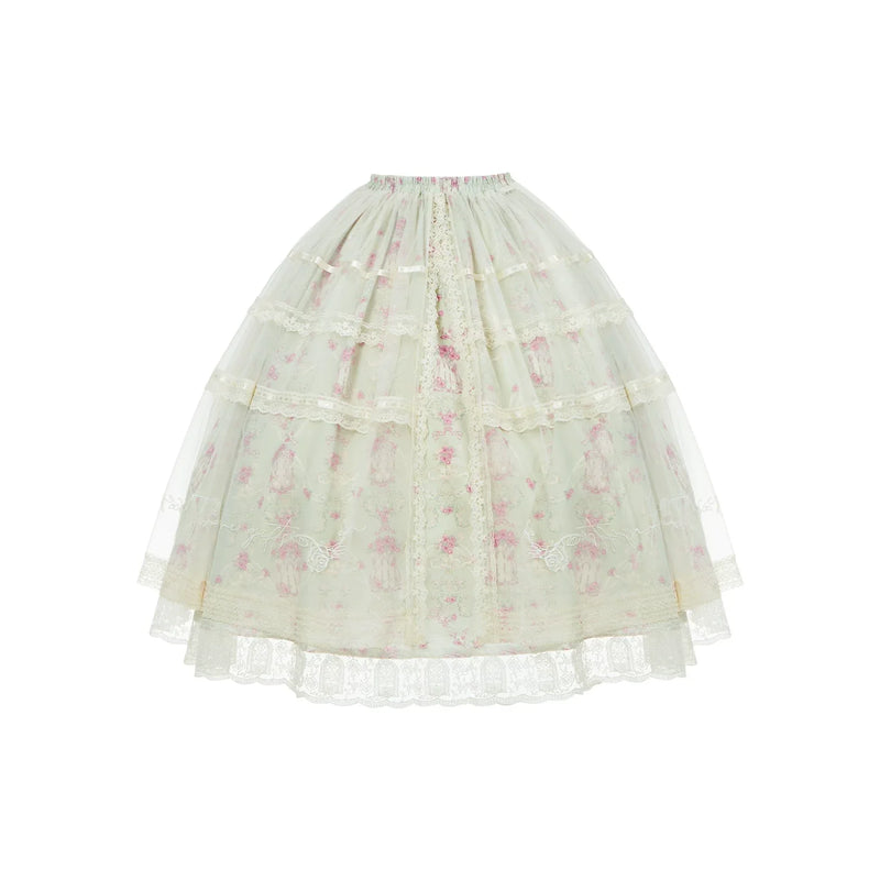With PUJI - Wind Swept Roses - Classic Lolita Rose Printed Dress Set, Petal Hem