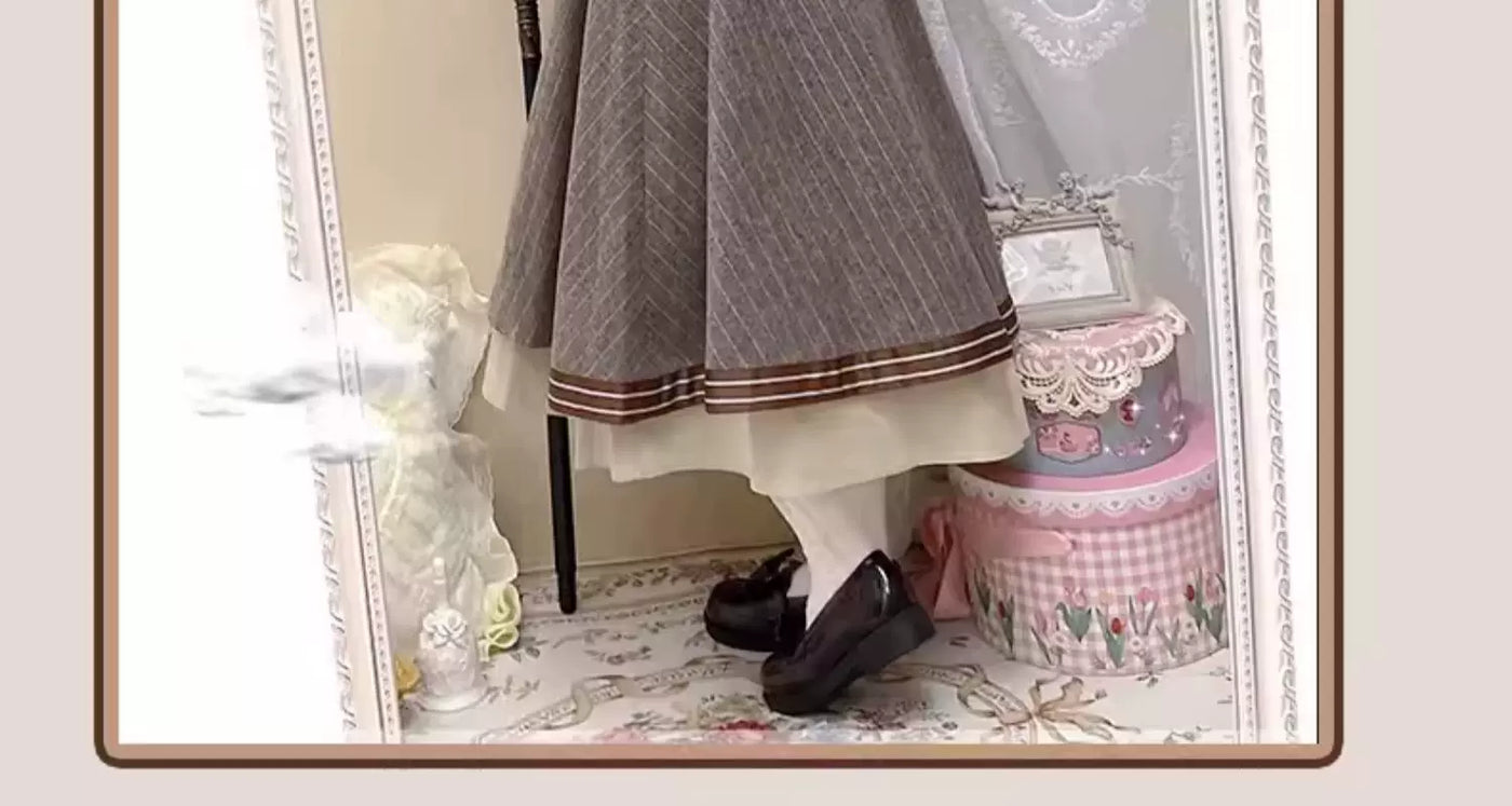 Baozi Pig - Detective Era - One-Piece Dress and Woolen Coat Set with Pinstripes