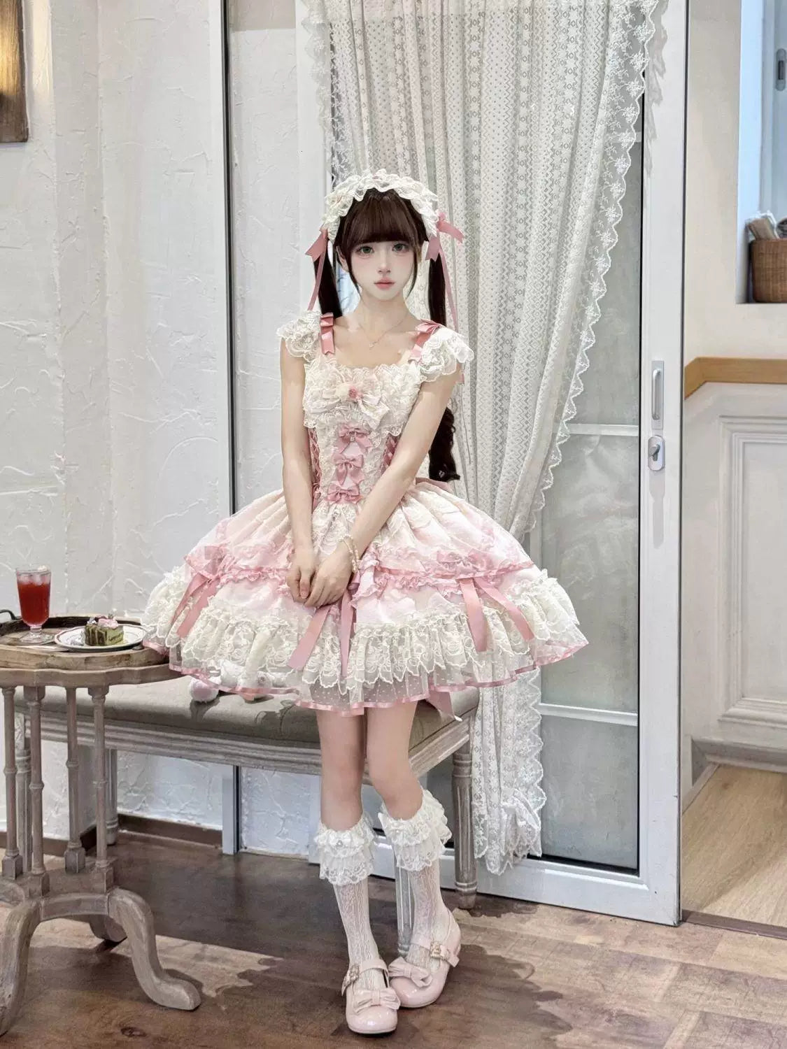 Sweetheart Dream Machine - Rose Poem Ballet - Strappy JSK dress with lace ruffles and ribbon bows