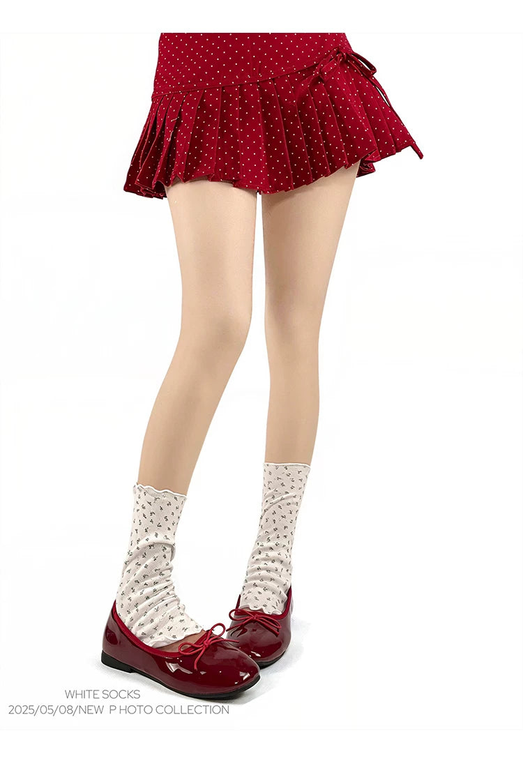 White Socks - Ballet Scrunch - Floral Mid-Calf Stirrup Socks with Rolled Edges