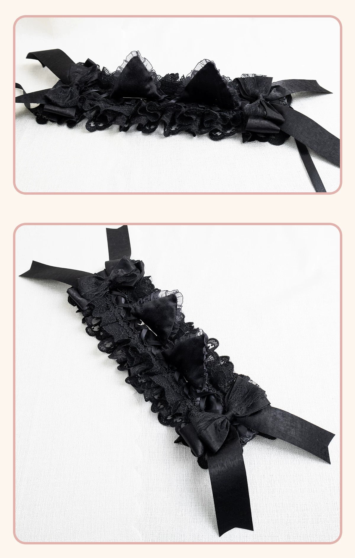Stardust Rose - A035 Black Lace - Black Lace Headwear and Hand Sleeves with Ribbon Bows