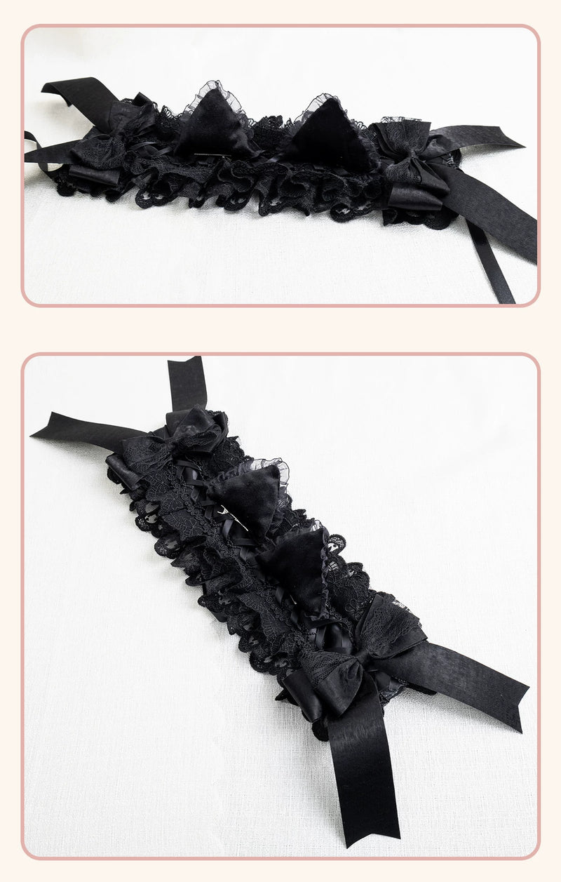 Stardust Rose - A035 Black Lace - Black Lace Headwear and Hand Sleeves with Ribbon Bows
