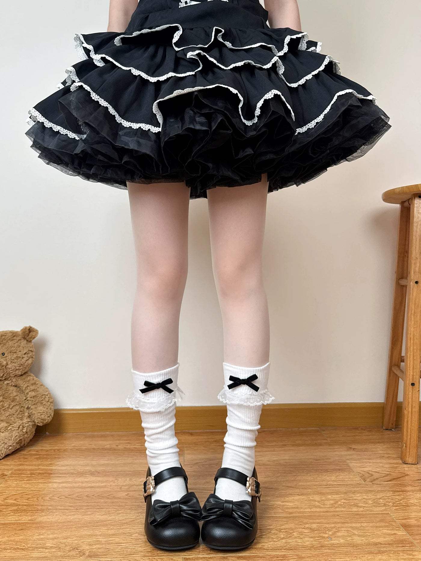 Chubby Bear Tales - Cream Ballet - Mid-Calf Slouch Socks with Lace Ruffle Cuffs and Bow Trim